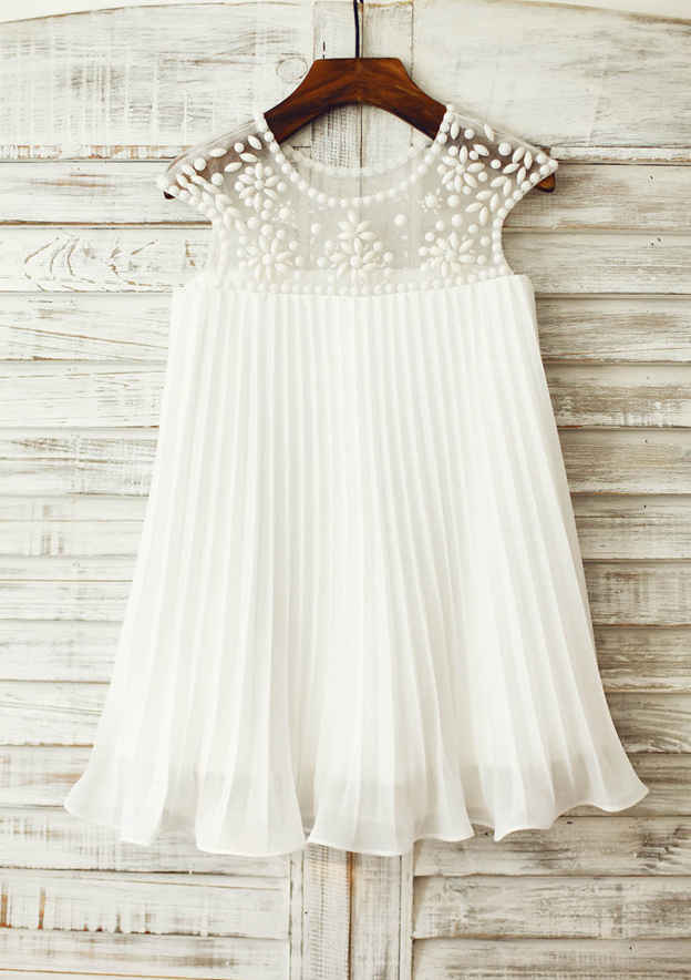 Knee-Length Lace and Tulle Flower Girl Dress with Elegant Pleated Details - A-line/Princess Scoop Neck BM bride