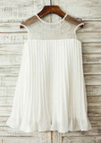 Knee-Length Lace and Tulle Flower Girl Dress with Elegant Pleated Details - A-line/Princess Scoop Neck BM bride
