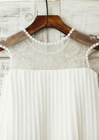Knee-Length Lace and Tulle Flower Girl Dress with Elegant Pleated Details - A-line/Princess Scoop Neck BM bride