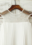 Knee-Length Lace and Tulle Flower Girl Dress with Elegant Pleated Details - A-line/Princess Scoop Neck BM bride