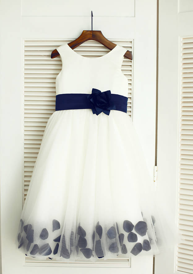 Tea-Length Tulle Flower Girl Dress with Lovely Floral Accents - A-line/Princess Scoop Neck BM bride