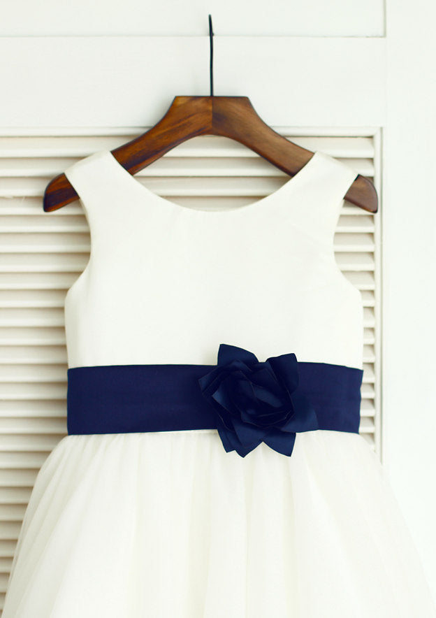 Tea-Length Tulle Flower Girl Dress with Lovely Floral Accents - A-line/Princess Scoop Neck BM bride