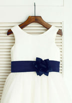 Tea-Length Tulle Flower Girl Dress with Lovely Floral Accents - A-line/Princess Scoop Neck BM bride