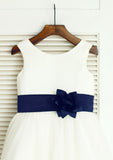Tea-Length Tulle Flower Girl Dress with Lovely Floral Accents - A-line/Princess Scoop Neck BM bride