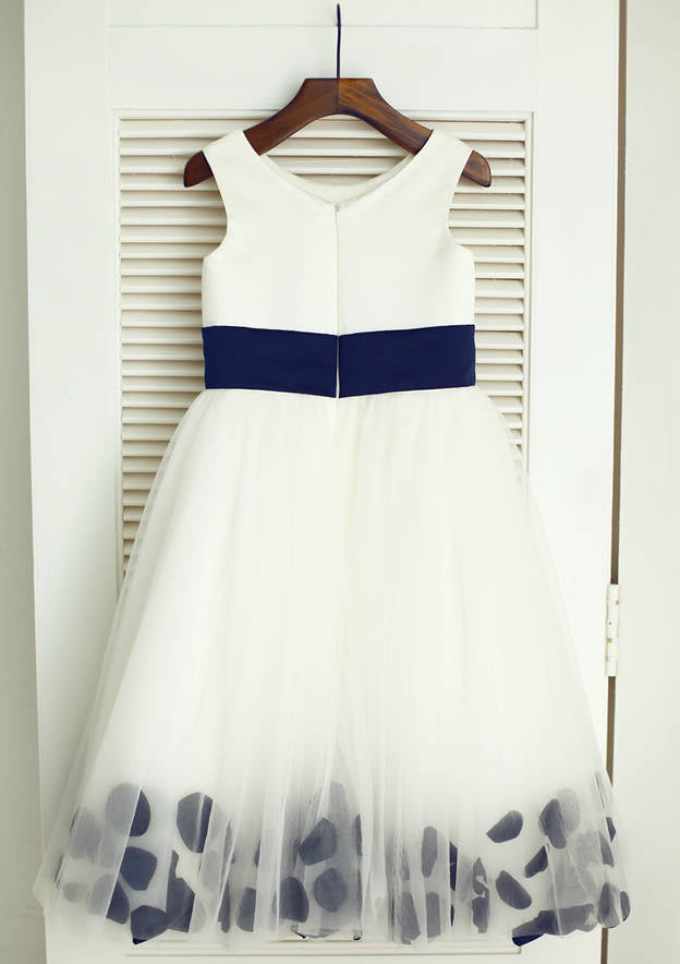Tea-Length Tulle Flower Girl Dress with Lovely Floral Accents - A-line/Princess Scoop Neck BM bride
