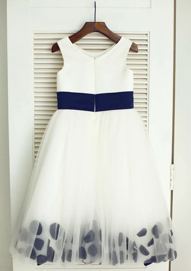 Tea-Length Tulle Flower Girl Dress with Lovely Floral Accents - A-line/Princess Scoop Neck BM bride