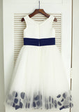 Tea-Length Tulle Flower Girl Dress with Lovely Floral Accents - A-line/Princess Scoop Neck BM bride