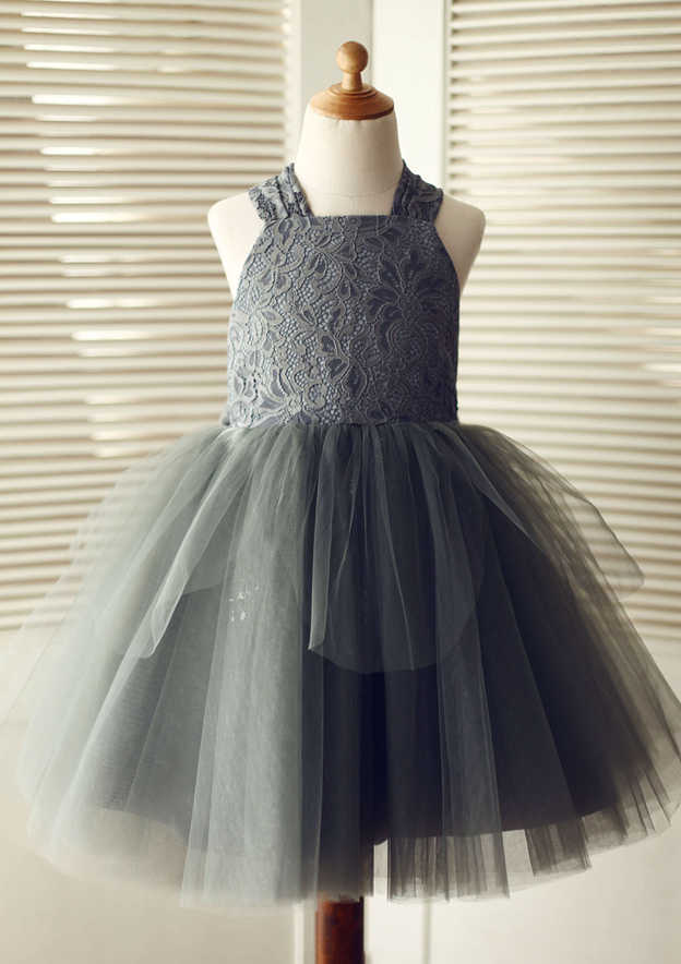 Knee-Length Halter Lace and Tulle Flower Girl Dress with Charming Bowknot - A-line/Princess BM bride