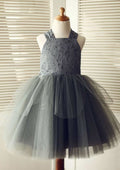 Knee-Length Halter Lace and Tulle Flower Girl Dress with Charming Bowknot - A-line/Princess BM bride