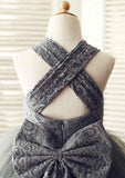 Knee-Length Halter Lace and Tulle Flower Girl Dress with Charming Bowknot - A-line/Princess BM bride