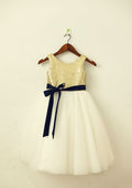Knee-Length Sequined Tulle Flower Girl Dress with Elegant Sashes - A-line/Princess Scoop Neck BM bride