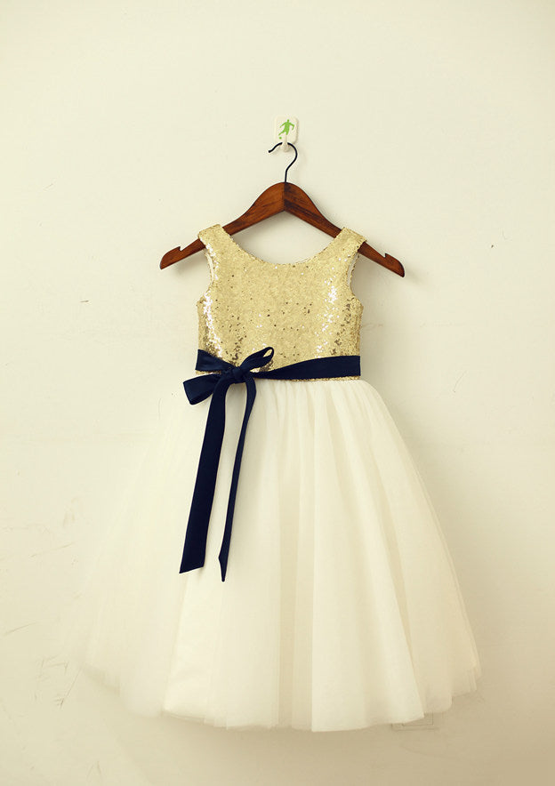 Knee-Length Sequined Tulle Flower Girl Dress with Elegant Sashes - A-line/Princess Scoop Neck BM bride