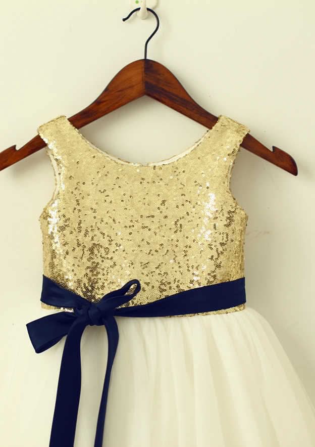 Knee-Length Sequined Tulle Flower Girl Dress with Elegant Sashes - A-line/Princess Scoop Neck BM bride
