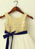 Knee-Length Sequined Tulle Flower Girl Dress with Elegant Sashes - A-line/Princess Scoop Neck BM bride