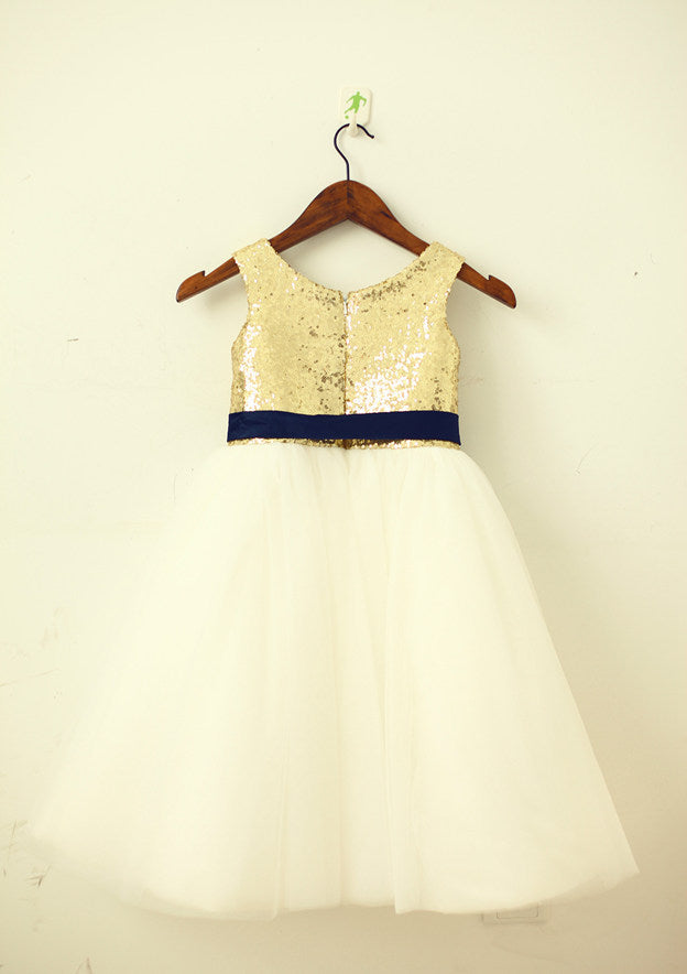 Knee-Length Sequined Tulle Flower Girl Dress with Elegant Sashes - A-line/Princess Scoop Neck BM bride
