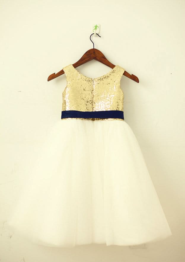 Knee-Length Sequined Tulle Flower Girl Dress with Elegant Sashes - A-line/Princess Scoop Neck BM bride