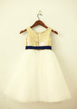 Knee-Length Sequined Tulle Flower Girl Dress with Elegant Sashes - A-line/Princess Scoop Neck BM bride
