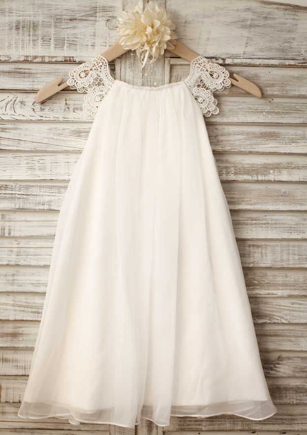 Tea-Length Chiffon and Lace Flower Girl Dress - A-line/Princess Scoop Neck BM bride