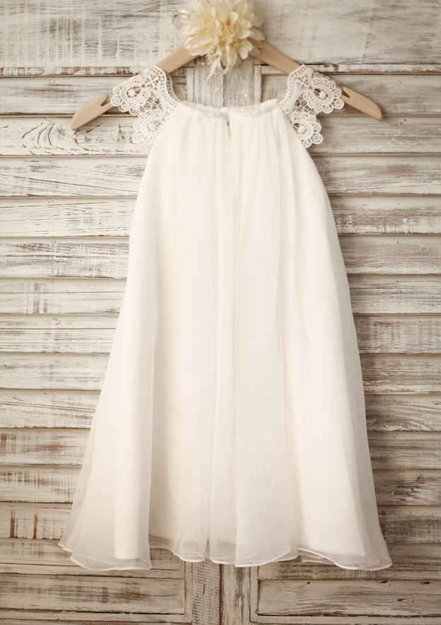 Tea-Length Chiffon and Lace Flower Girl Dress - A-line/Princess Scoop Neck BM bride