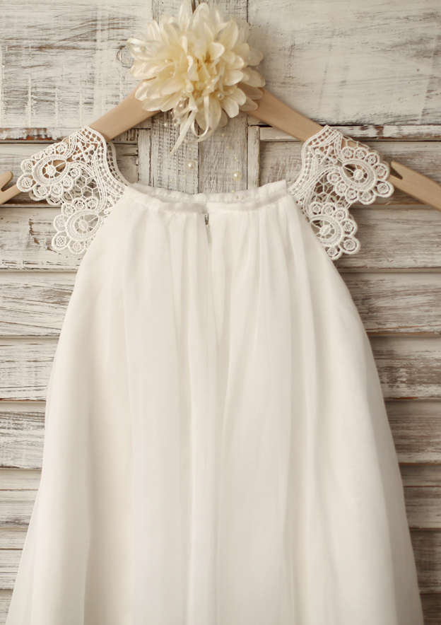 Tea-Length Chiffon and Lace Flower Girl Dress - A-line/Princess Scoop Neck BM bride