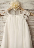 Tea-Length Chiffon and Lace Flower Girl Dress - A-line/Princess Scoop Neck BM bride