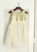 Knee-Length Sequined Tulle Flower Girl Dress - A-line/Princess Scoop Neck BM bride
