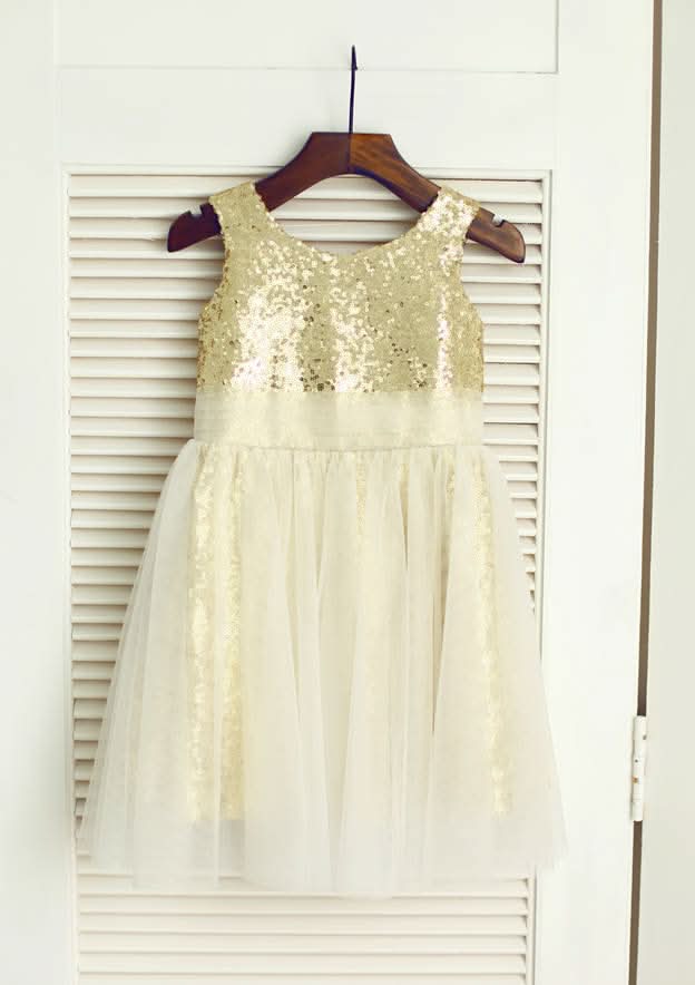 Knee-Length Sequined Tulle Flower Girl Dress - A-line/Princess Scoop Neck BM bride