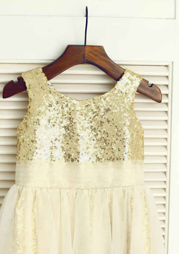 Knee-Length Sequined Tulle Flower Girl Dress - A-line/Princess Scoop Neck BM bride