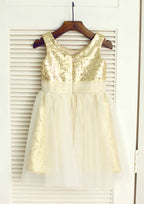 Knee-Length Sequined Tulle Flower Girl Dress - A-line/Princess Scoop Neck BM bride