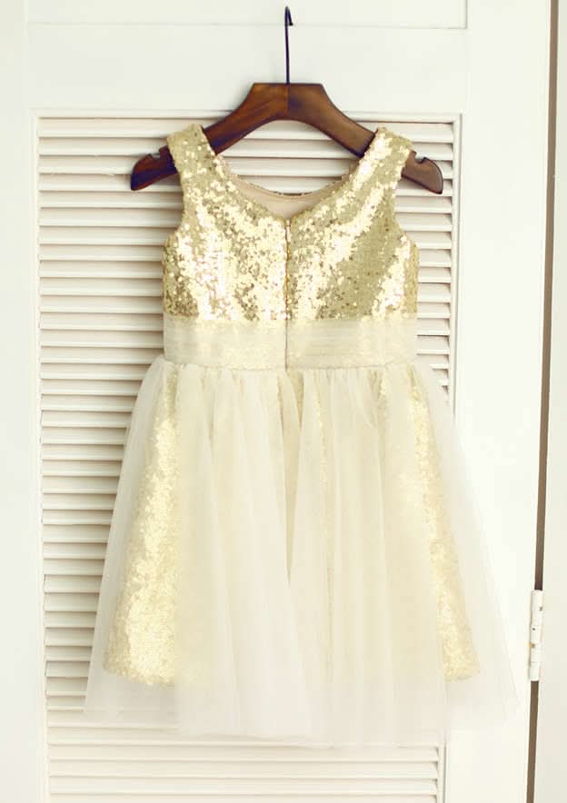 Knee-Length Sequined Tulle Flower Girl Dress - A-line/Princess Scoop Neck BM bride
