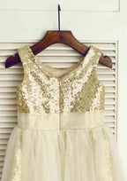 Knee-Length Sequined Tulle Flower Girl Dress - A-line/Princess Scoop Neck BM bride