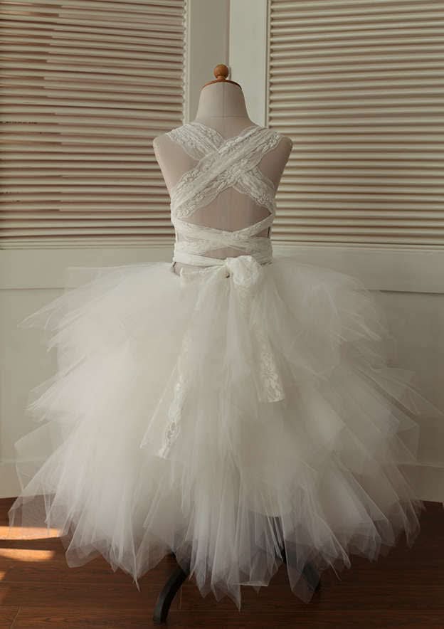 Asymmetrical Lace and Tulle Flower Girl Dress with Elegant Bandage - A-line/Princess Scoop Neck BM bride