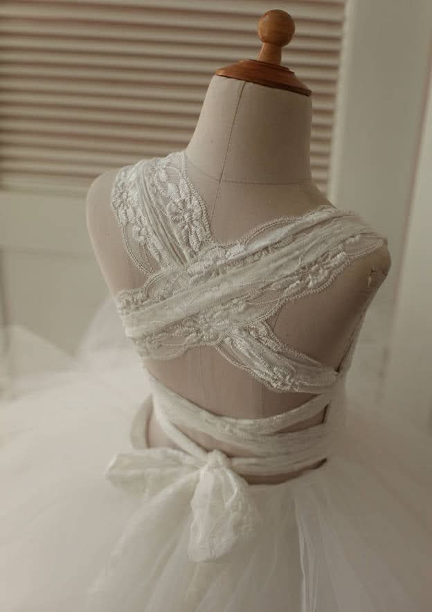 Asymmetrical Lace and Tulle Flower Girl Dress with Elegant Bandage - A-line/Princess Scoop Neck BM bride