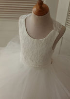 Asymmetrical Lace and Tulle Flower Girl Dress with Elegant Bandage - A-line/Princess Scoop Neck BM bride