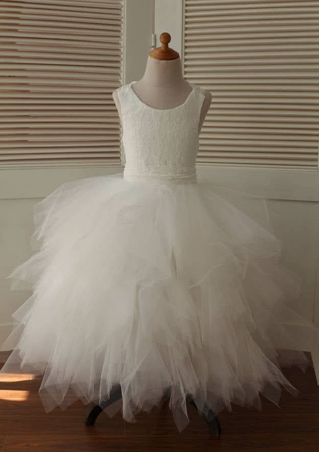 Asymmetrical Lace and Tulle Flower Girl Dress with Elegant Bandage - A-line/Princess Scoop Neck BM bride