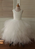 Asymmetrical Lace and Tulle Flower Girl Dress with Elegant Bandage - A-line/Princess Scoop Neck BM bride
