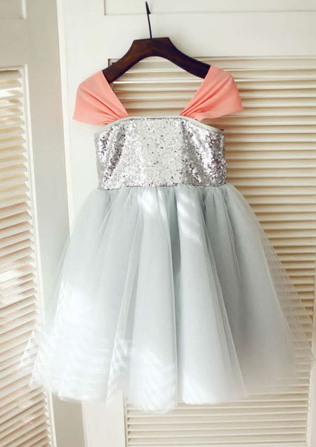 Knee-Length Sequined Tulle Flower Girl Dress - A-line/Princess Square Neckline BM bride