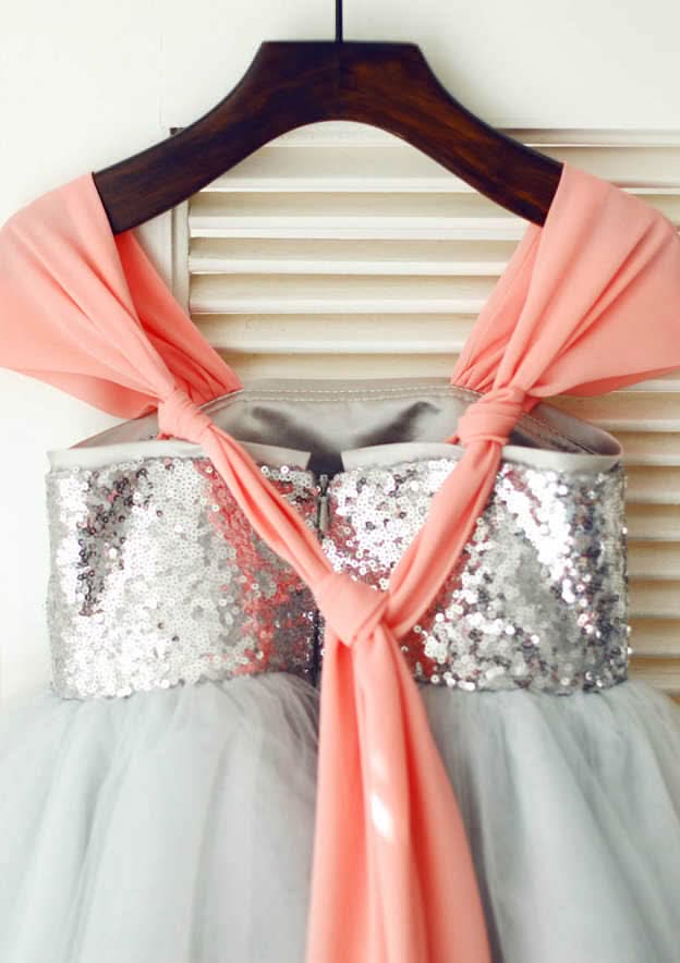 Knee-Length Sequined Tulle Flower Girl Dress - A-line/Princess Square Neckline BM bride