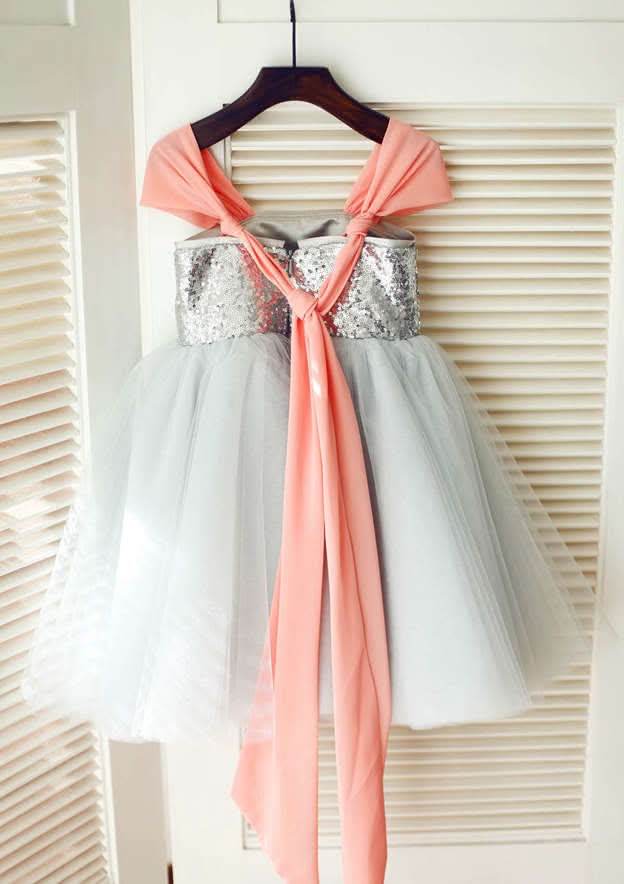 Knee-Length Sequined Tulle Flower Girl Dress - A-line/Princess Square Neckline BM bride