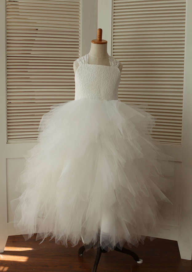 Asymmetrical Tulle Flower Girl Dress with Cute Bowknot - A-line/Princess Square Neckline BM bride