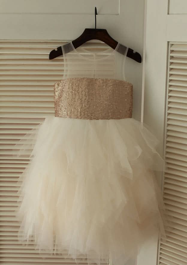 Knee-Length Illusion Neck Sequined Tulle Flower Girl Dress - A-line/Princess BM bride