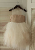 Knee-Length Illusion Neck Sequined Tulle Flower Girl Dress - A-line/Princess BM bride