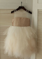 Knee-Length Illusion Neck Sequined Tulle Flower Girl Dress - A-line/Princess BM bride