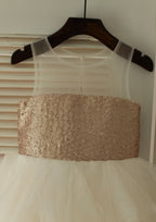 Knee-Length Illusion Neck Sequined Tulle Flower Girl Dress - A-line/Princess BM bride