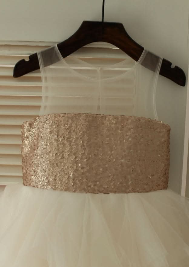 Knee-Length Illusion Neck Sequined Tulle Flower Girl Dress - A-line/Princess BM bride