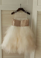 Knee-Length Illusion Neck Sequined Tulle Flower Girl Dress - A-line/Princess BM bride