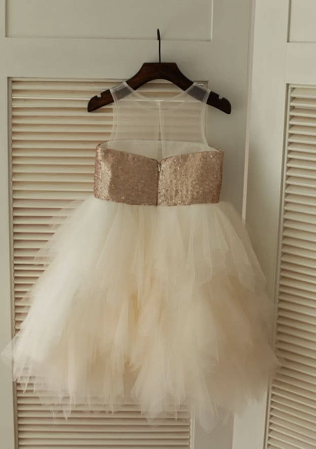 Knee-Length Illusion Neck Sequined Tulle Flower Girl Dress - A-line/Princess BM bride