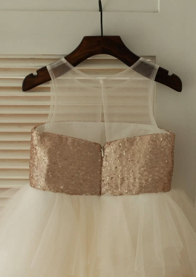 Knee-Length Illusion Neck Sequined Tulle Flower Girl Dress - A-line/Princess BM bride