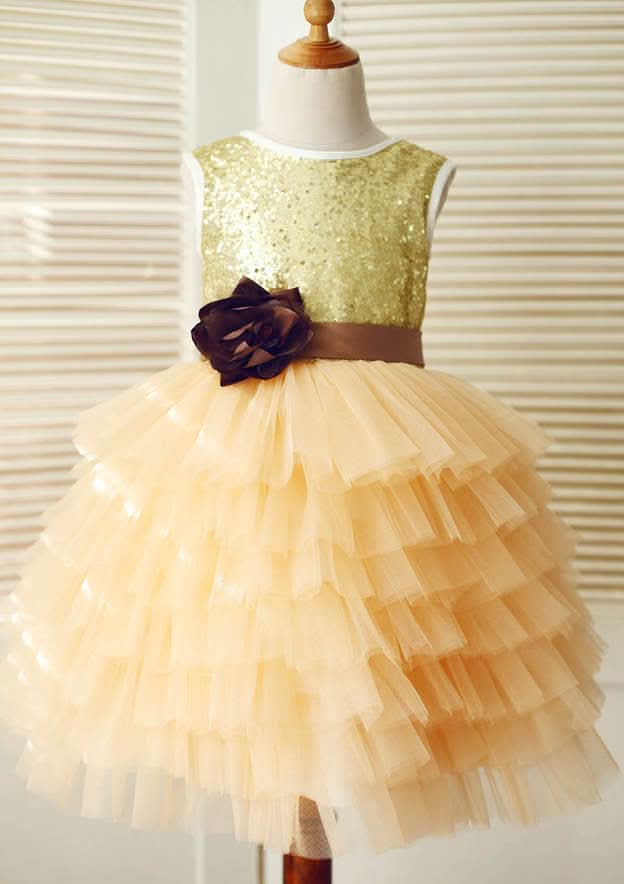 Asymmetrical Sequined Tulle Flower Girl Dress with Elegant Sashes - A-line/Princess Scoop Neck BM bride