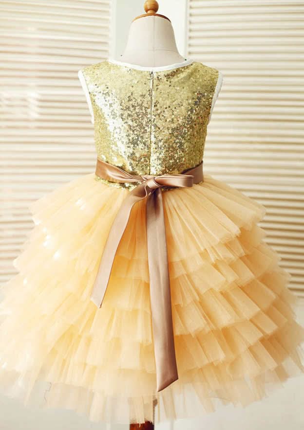 Asymmetrical Sequined Tulle Flower Girl Dress with Elegant Sashes - A-line/Princess Scoop Neck BM bride
